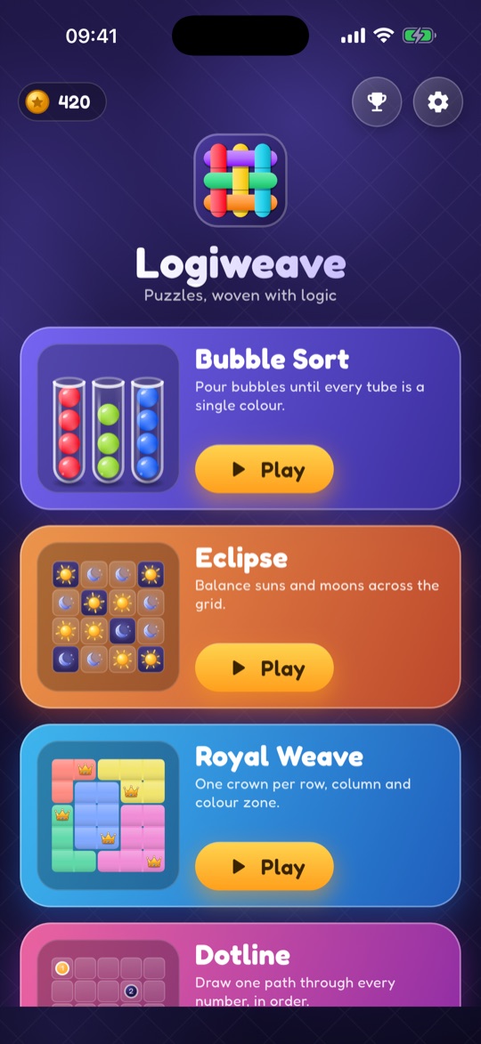 The Logiweave home screen with the four games