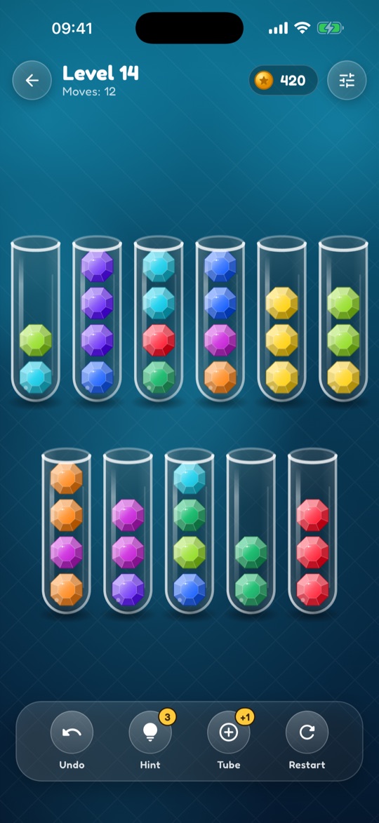 Bubble Sort: gem-style bubbles in glass tubes
